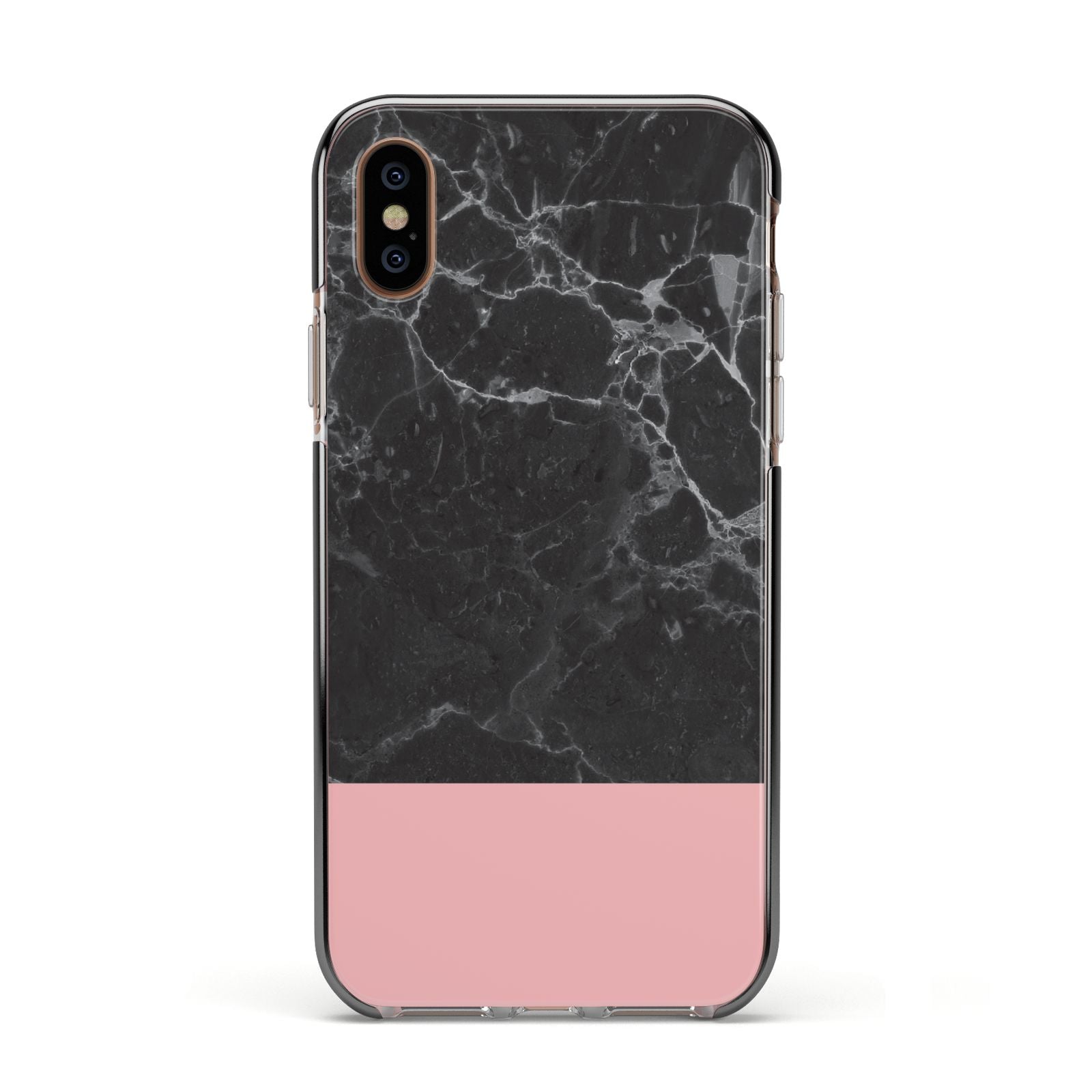 Marble Black Pink Apple iPhone Xs Impact Case Black Edge on Gold Phone