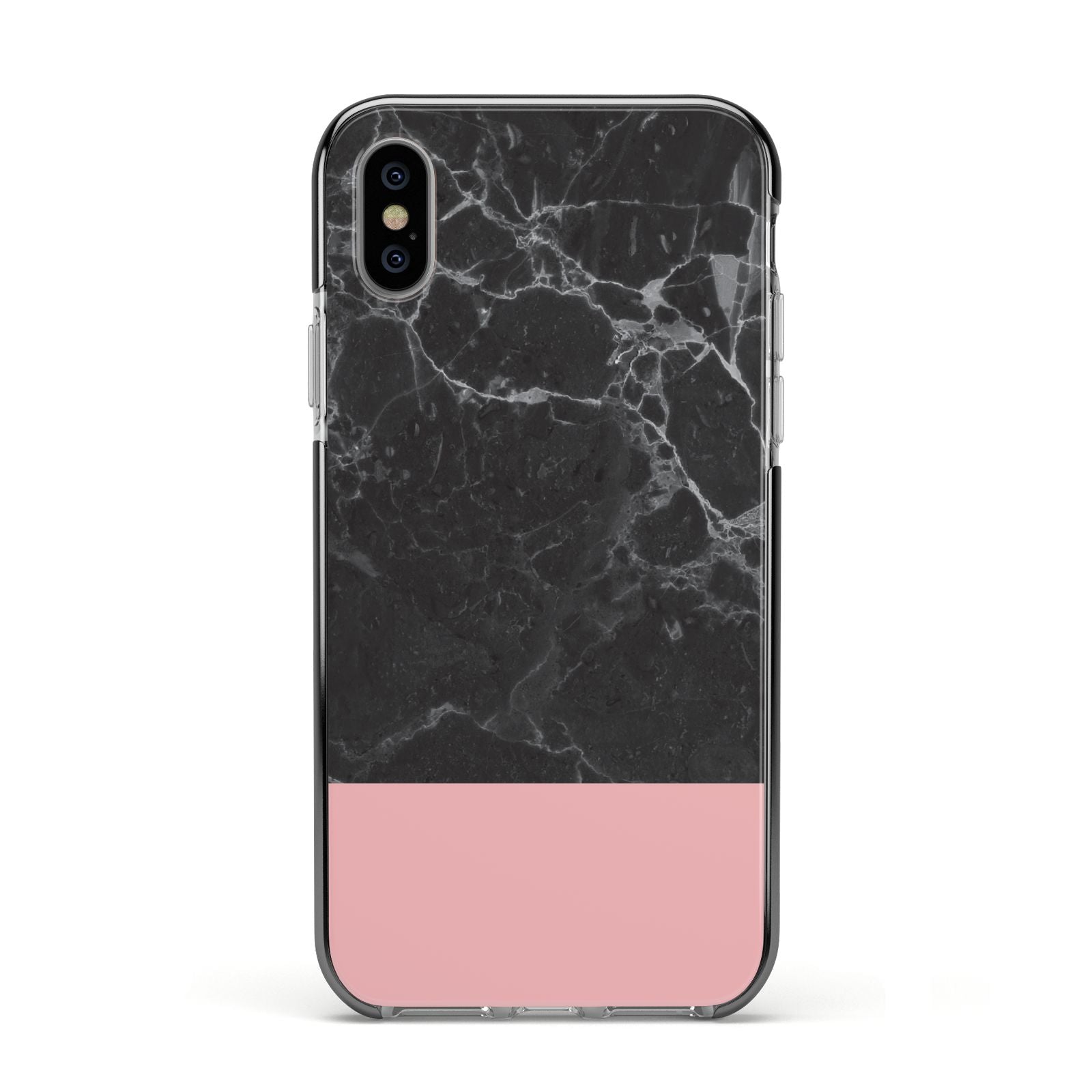 Marble Black Pink Apple iPhone Xs Impact Case Black Edge on Silver Phone