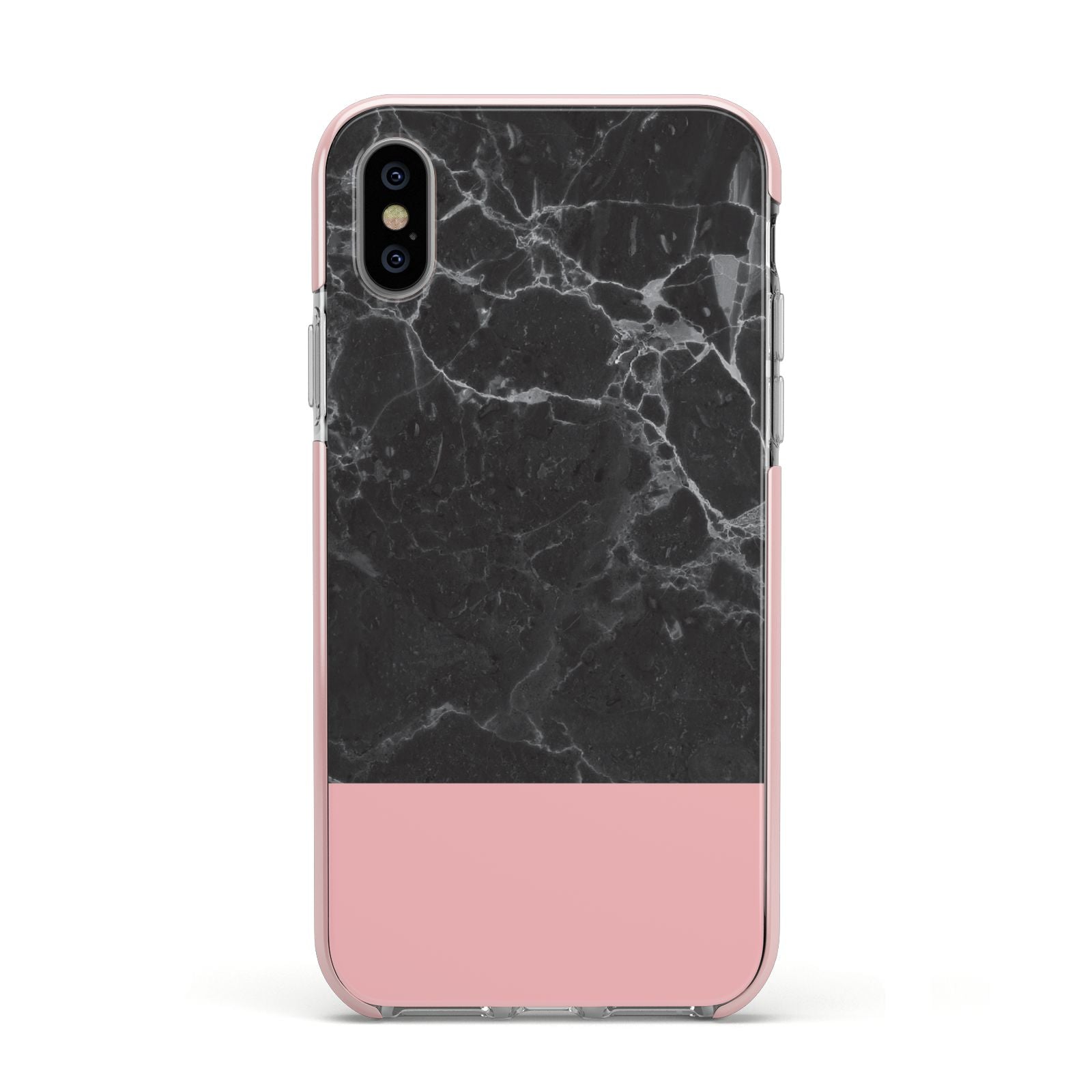 Marble Black Pink Apple iPhone Xs Impact Case Pink Edge on Silver Phone