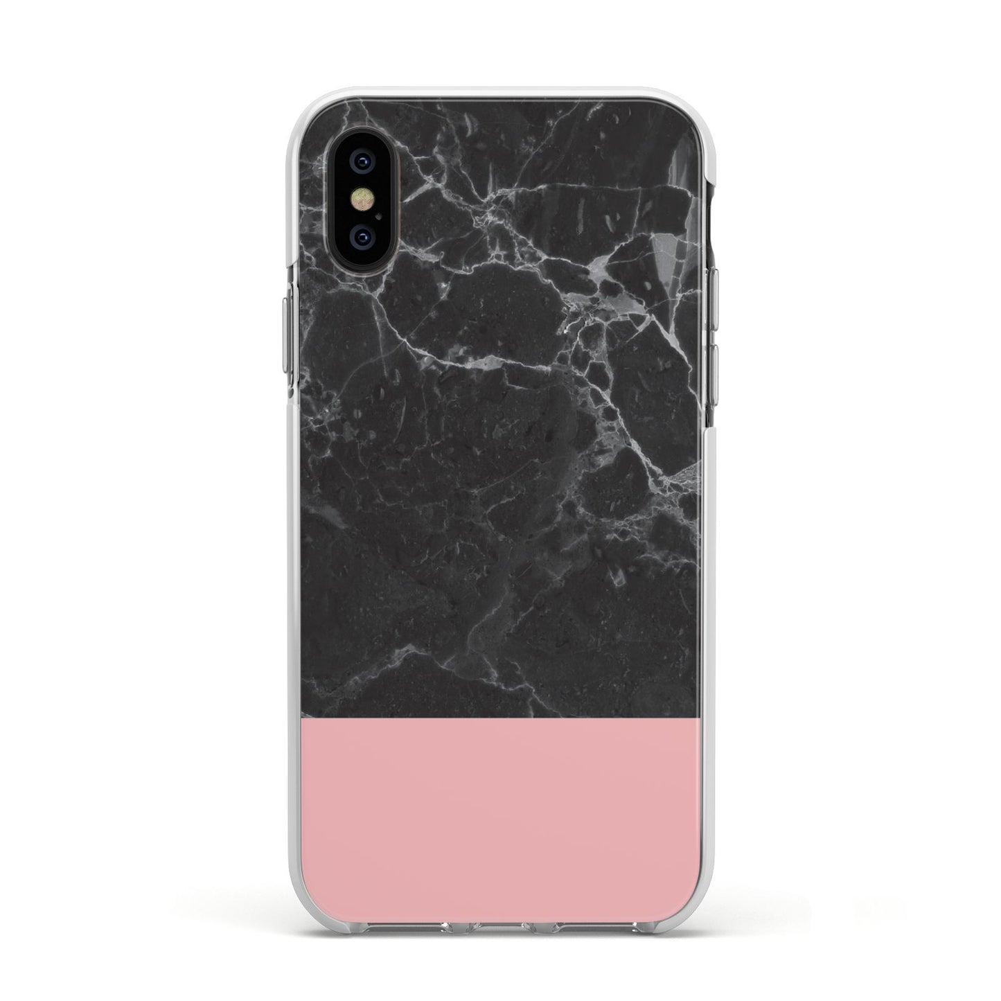 Marble Black Pink Apple iPhone Xs Impact Case White Edge on Black Phone