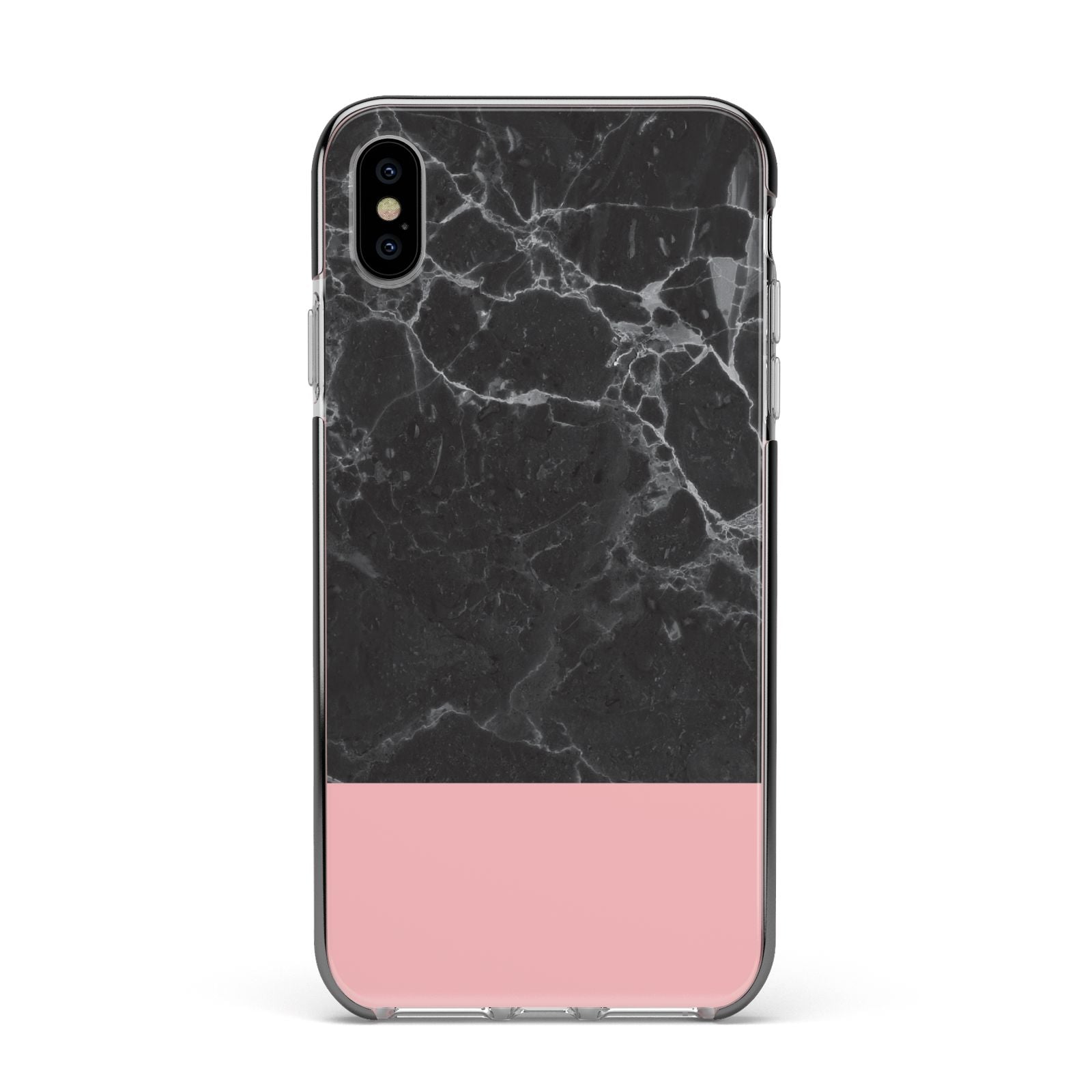 Marble Black Pink Apple iPhone Xs Max Impact Case Black Edge on Silver Phone