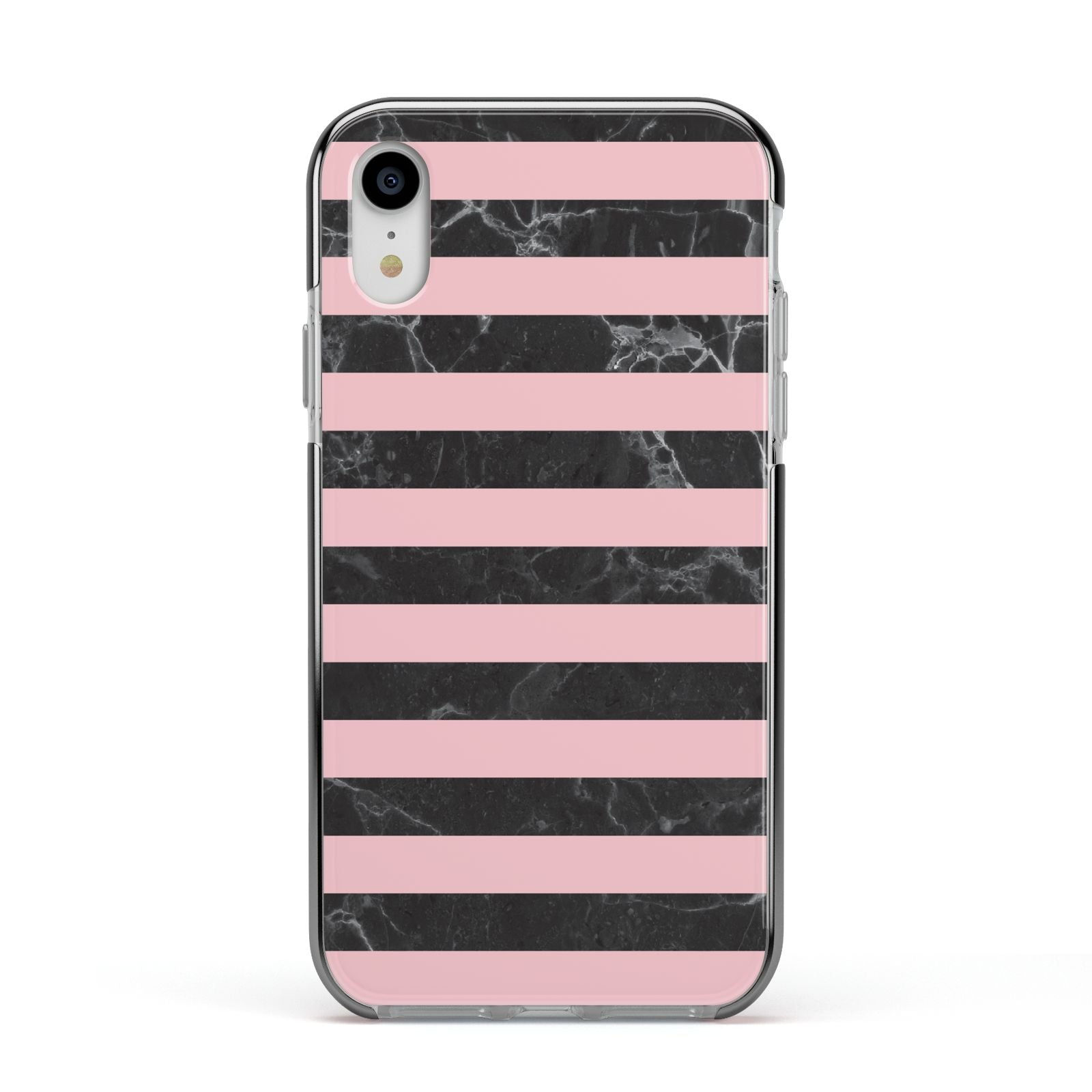 Marble Black Pink Striped Apple iPhone XR Impact Case Black Edge on Silver Phone
