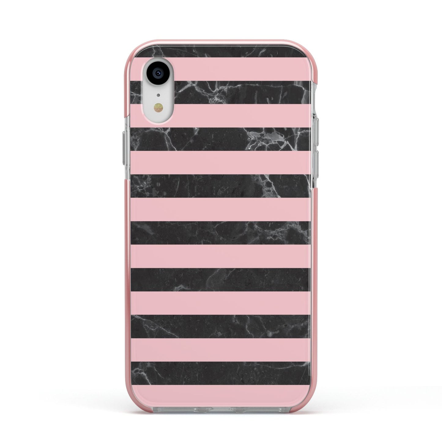 Marble Black Pink Striped Apple iPhone XR Impact Case Pink Edge on Silver Phone