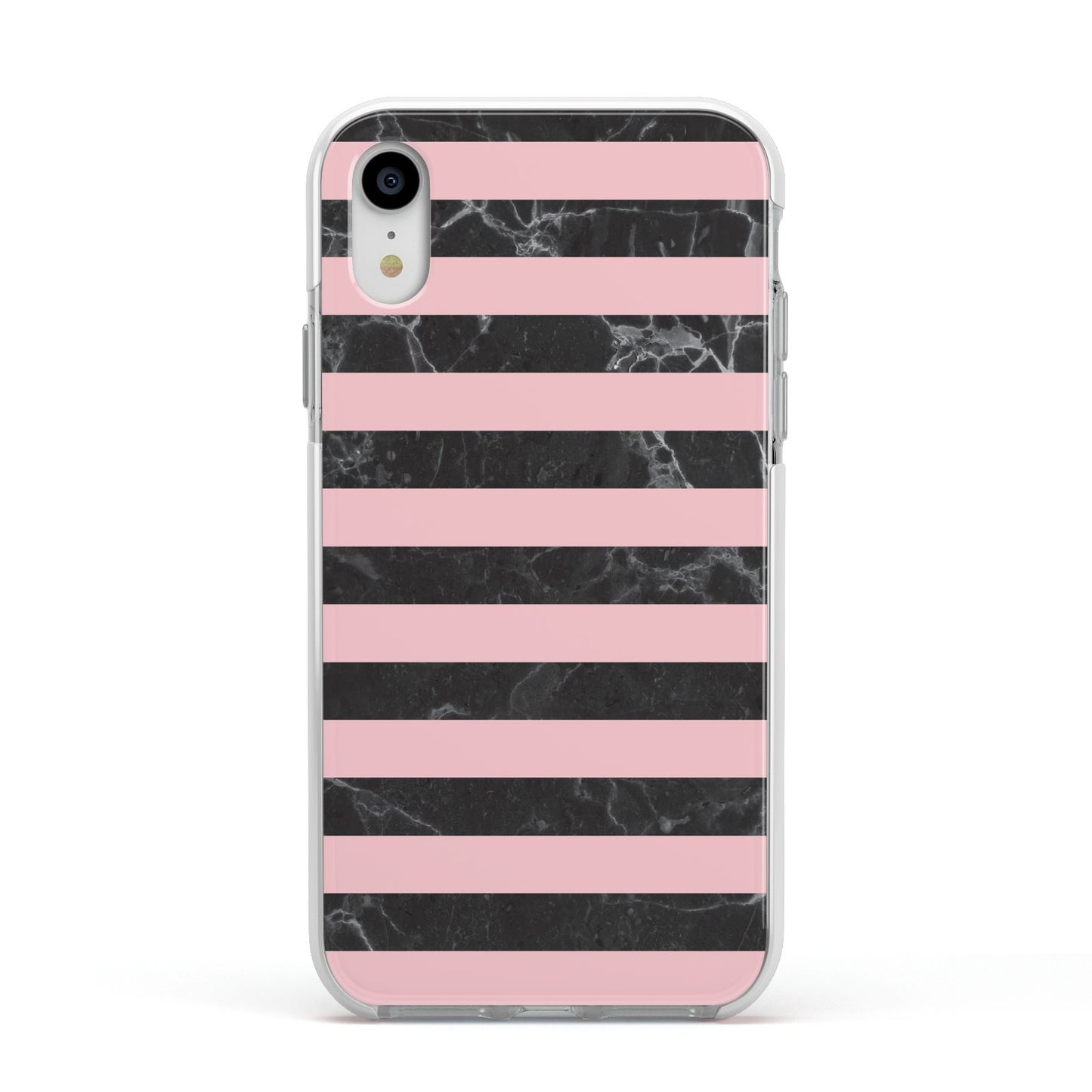 Marble Black Pink Striped Apple iPhone XR Impact Case White Edge on Silver Phone