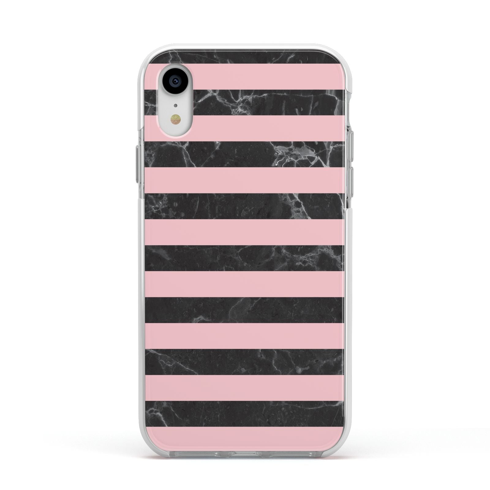 Marble Black Pink Striped Apple iPhone XR Impact Case White Edge on Silver Phone