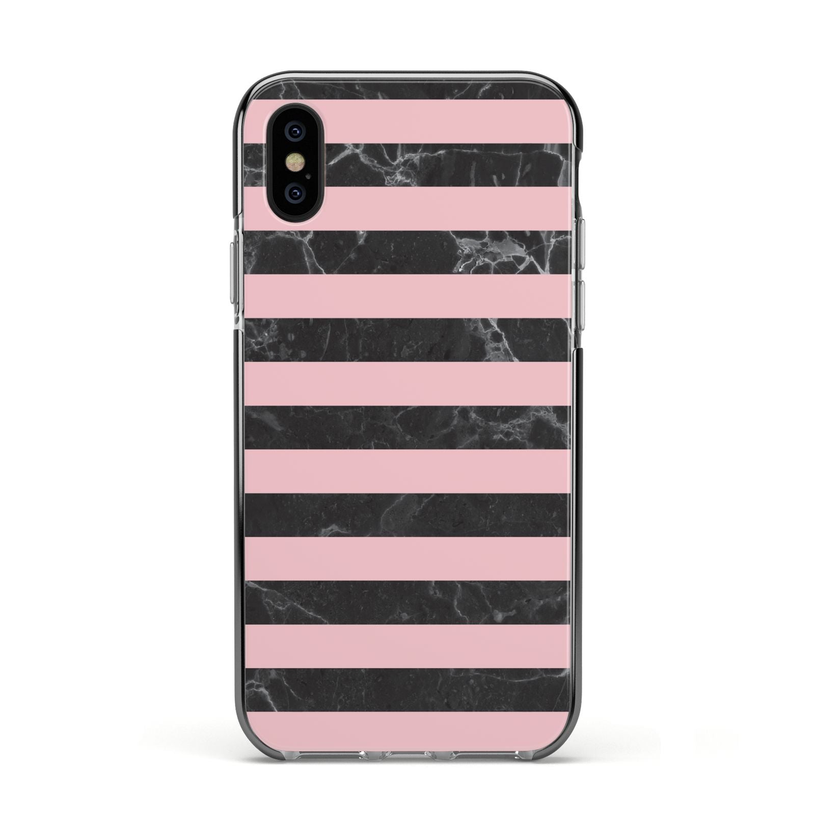 Marble Black Pink Striped Apple iPhone Xs Impact Case Black Edge on Black Phone
