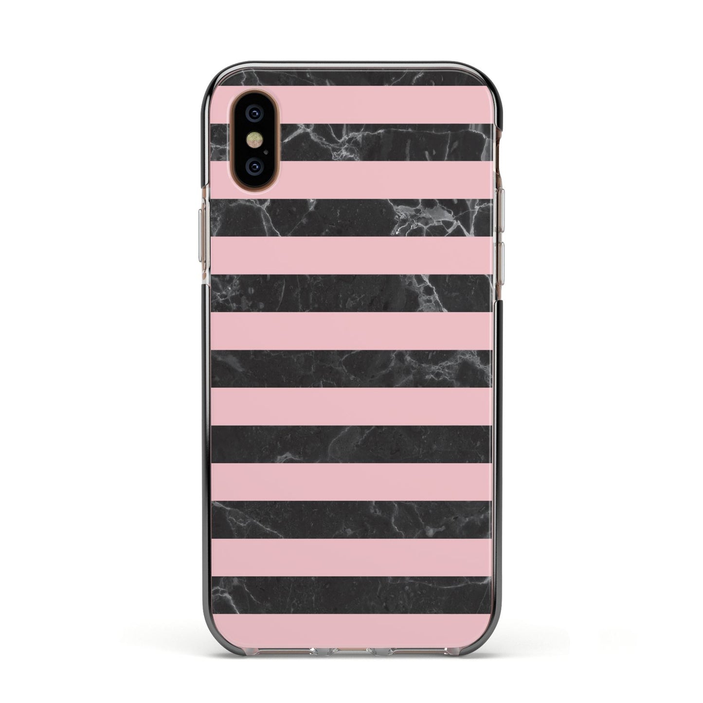 Marble Black Pink Striped Apple iPhone Xs Impact Case Black Edge on Gold Phone