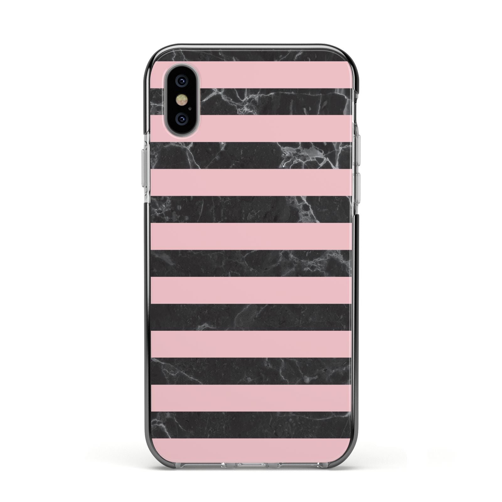 Marble Black Pink Striped Apple iPhone Xs Impact Case Black Edge on Silver Phone
