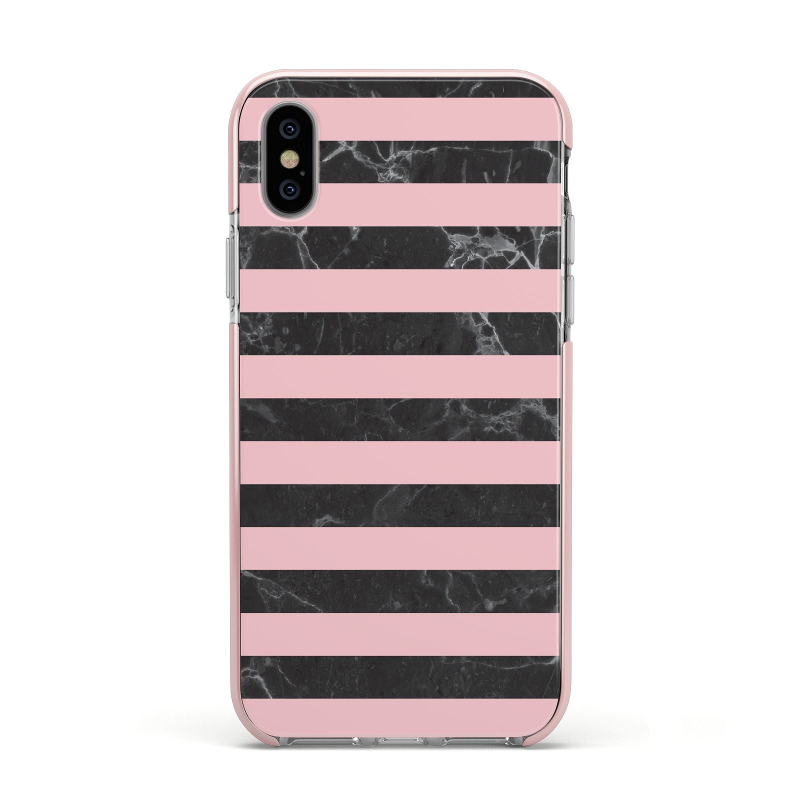 Marble Black Pink Striped Apple iPhone Xs Impact Case Pink Edge on Silver Phone