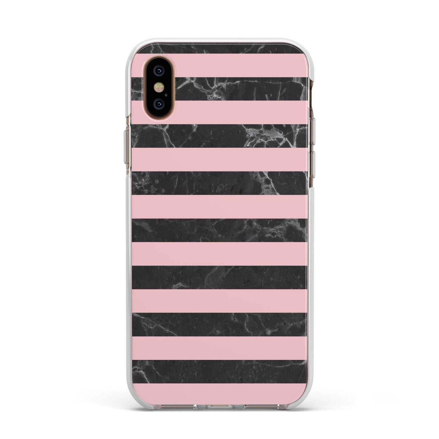 Marble Black Pink Striped Apple iPhone Xs Impact Case White Edge on Gold Phone