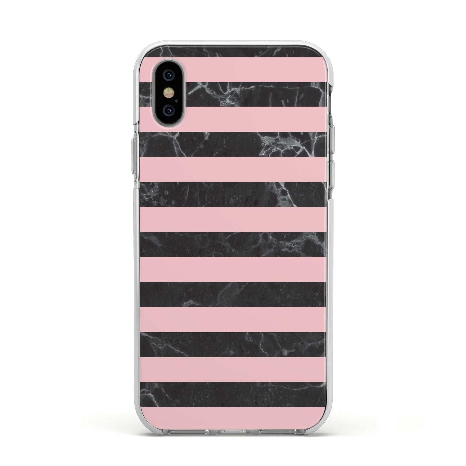 Marble Black Pink Striped Apple iPhone Xs Impact Case White Edge on Silver Phone