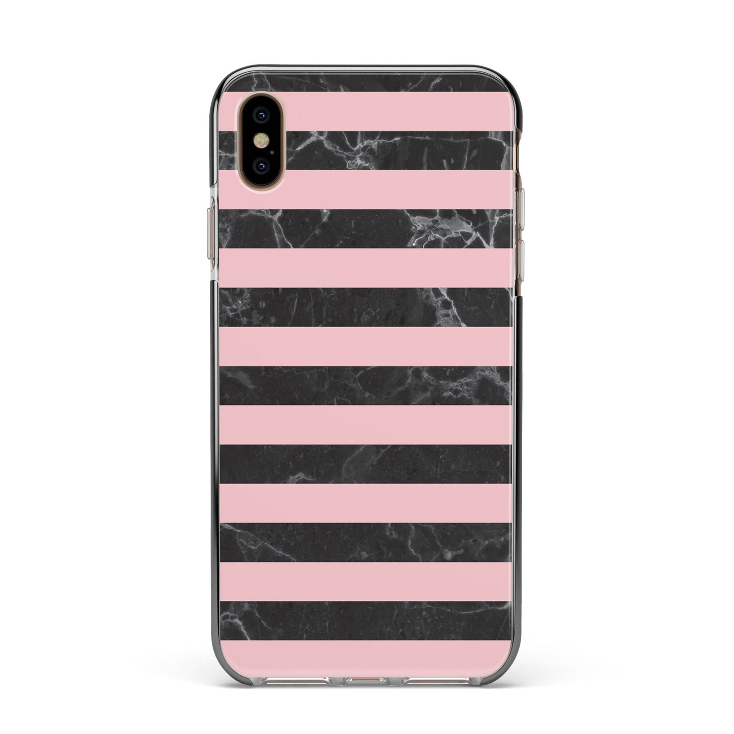 Marble Black Pink Striped Apple iPhone Xs Max Impact Case Black Edge on Gold Phone