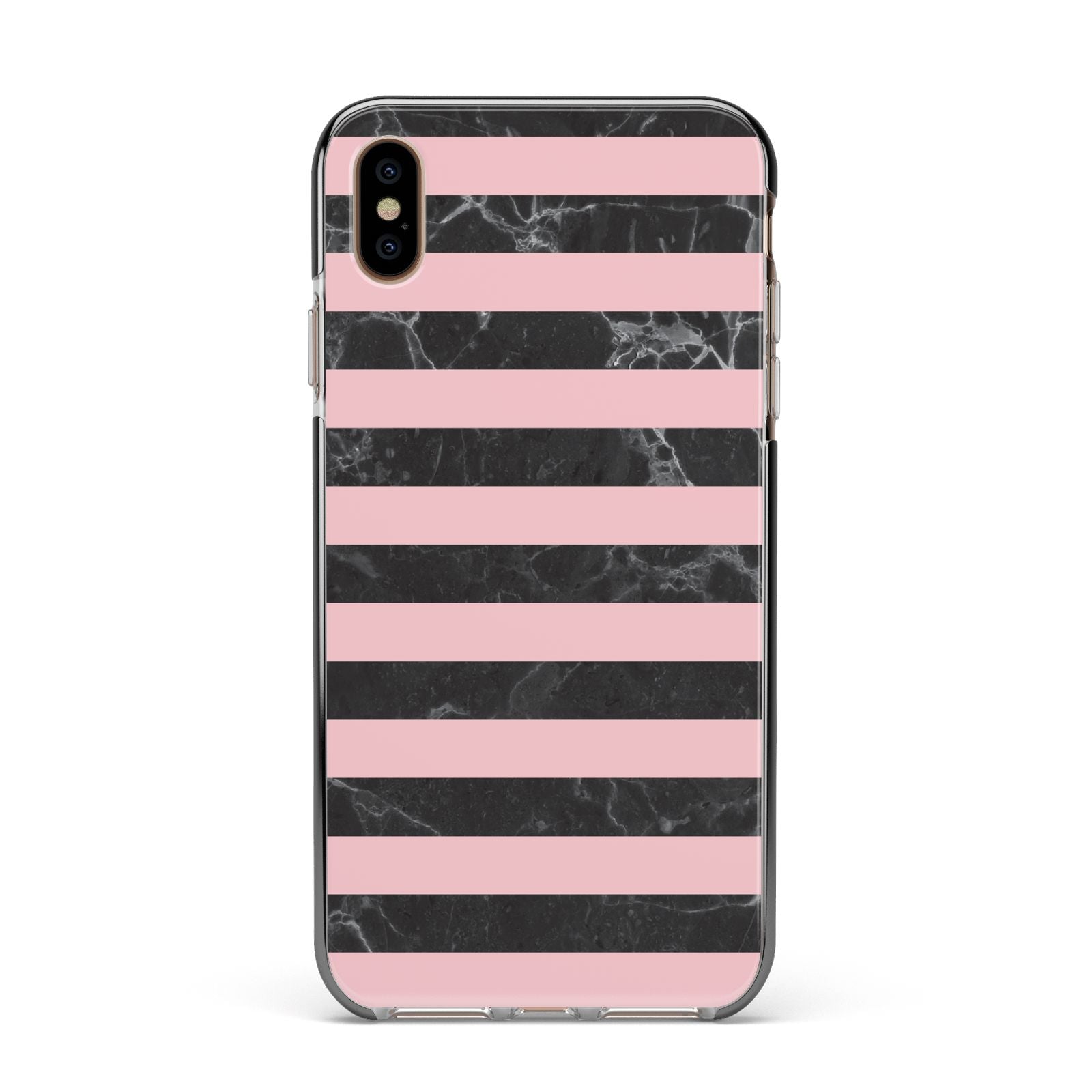 Marble Black Pink Striped Apple iPhone Xs Max Impact Case Black Edge on Gold Phone