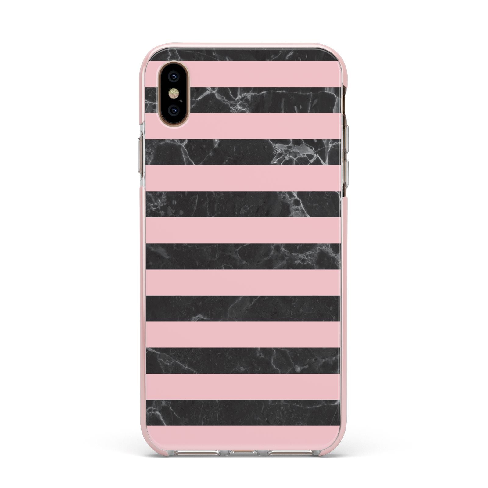 Marble Black Pink Striped Apple iPhone Xs Max Impact Case Pink Edge on Gold Phone