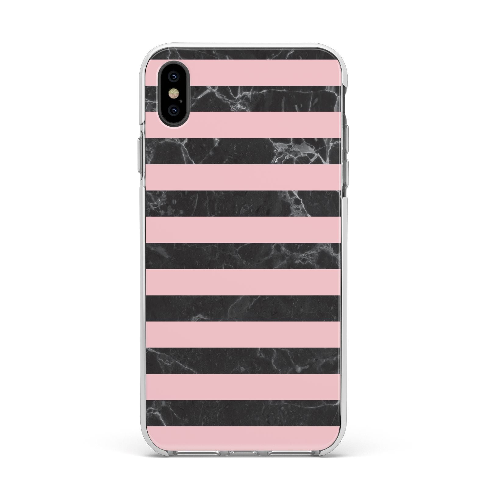 Marble Black Pink Striped Apple iPhone Xs Max Impact Case White Edge on Black Phone