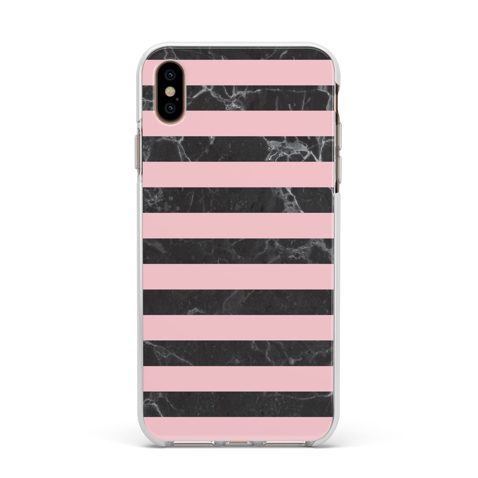 Marble Black Pink Striped Apple iPhone Xs Max Impact Case White Edge on Gold Phone