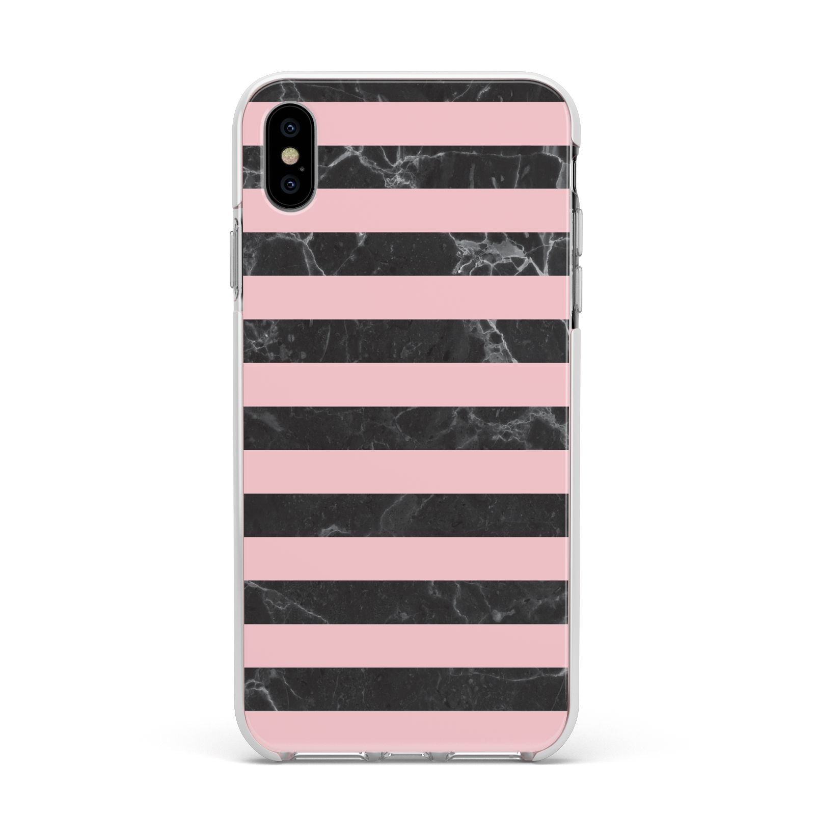 Marble Black Pink Striped Apple iPhone Xs Max Impact Case White Edge on Silver Phone