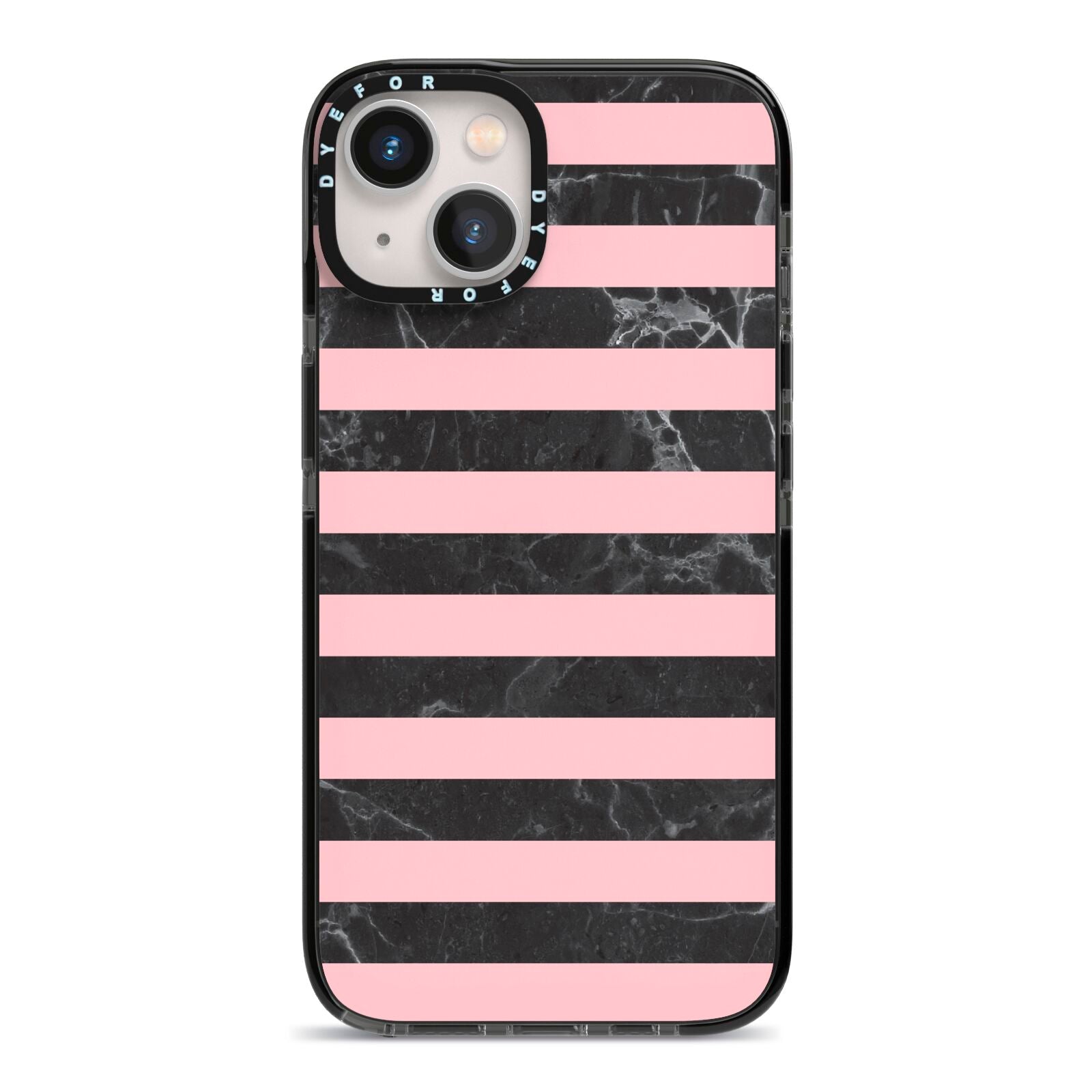 Marble Black Pink Striped iPhone 13 Black Impact Case on Silver phone