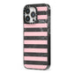 Marble Black Pink Striped iPhone 13 Pro Black Impact Case Side Angle on Silver phone
