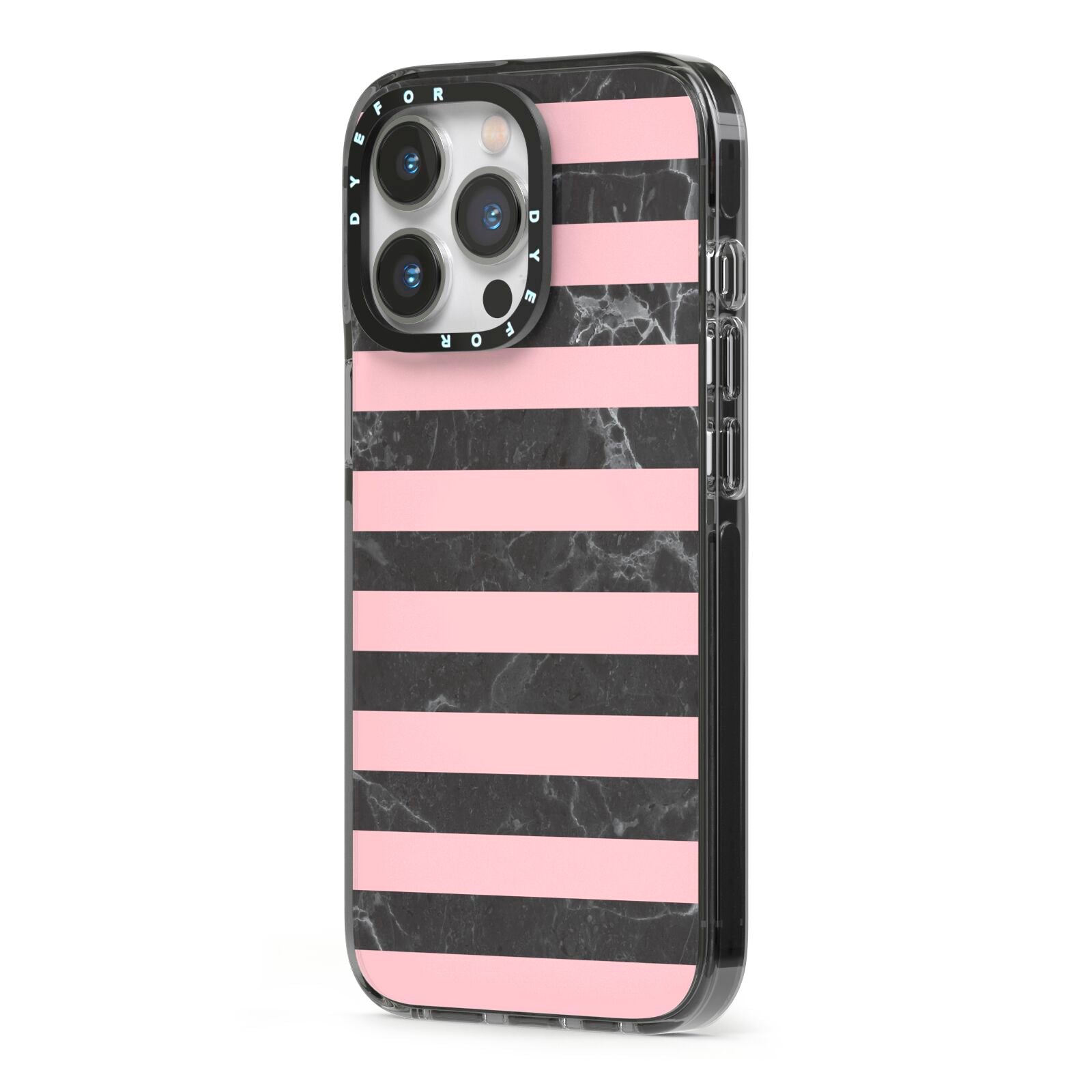Marble Black Pink Striped iPhone 13 Pro Black Impact Case Side Angle on Silver phone