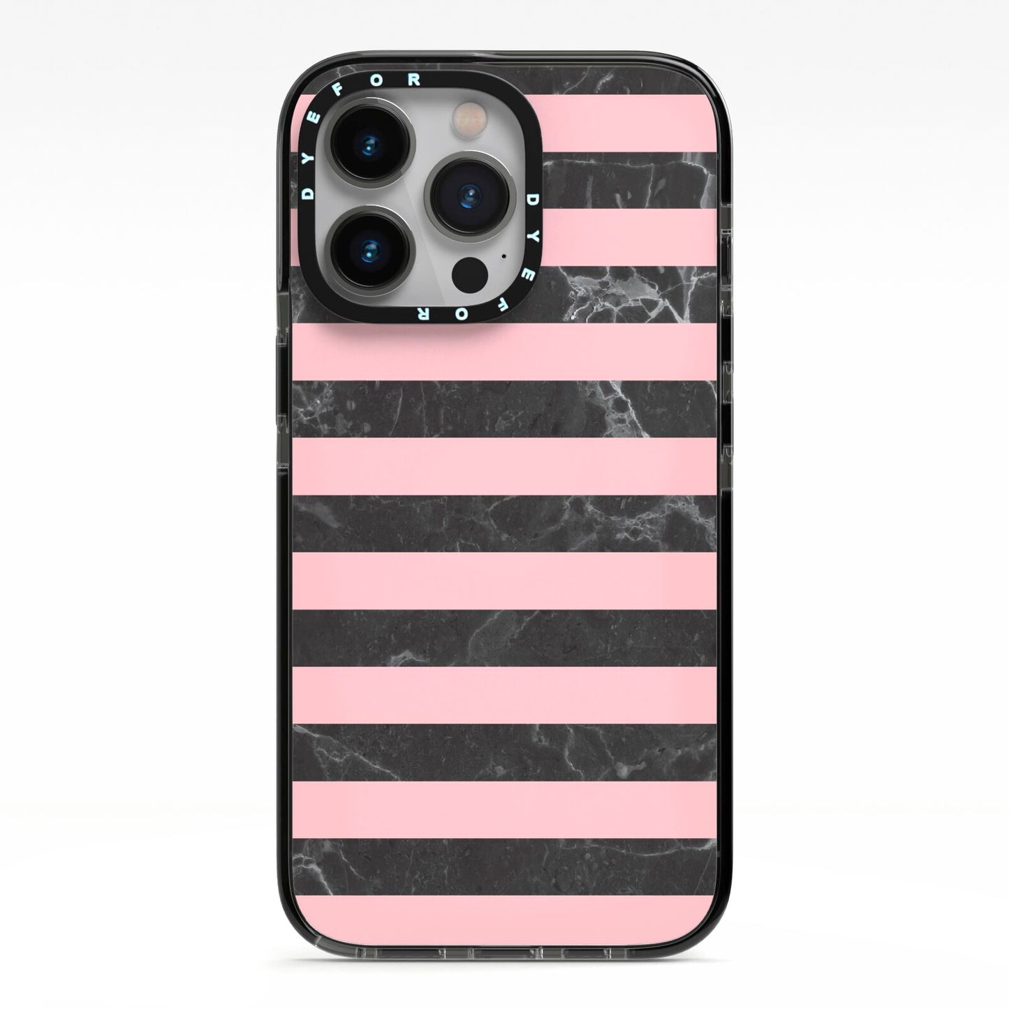 Marble Black Pink Striped iPhone 13 Pro Black Impact Case on Silver phone