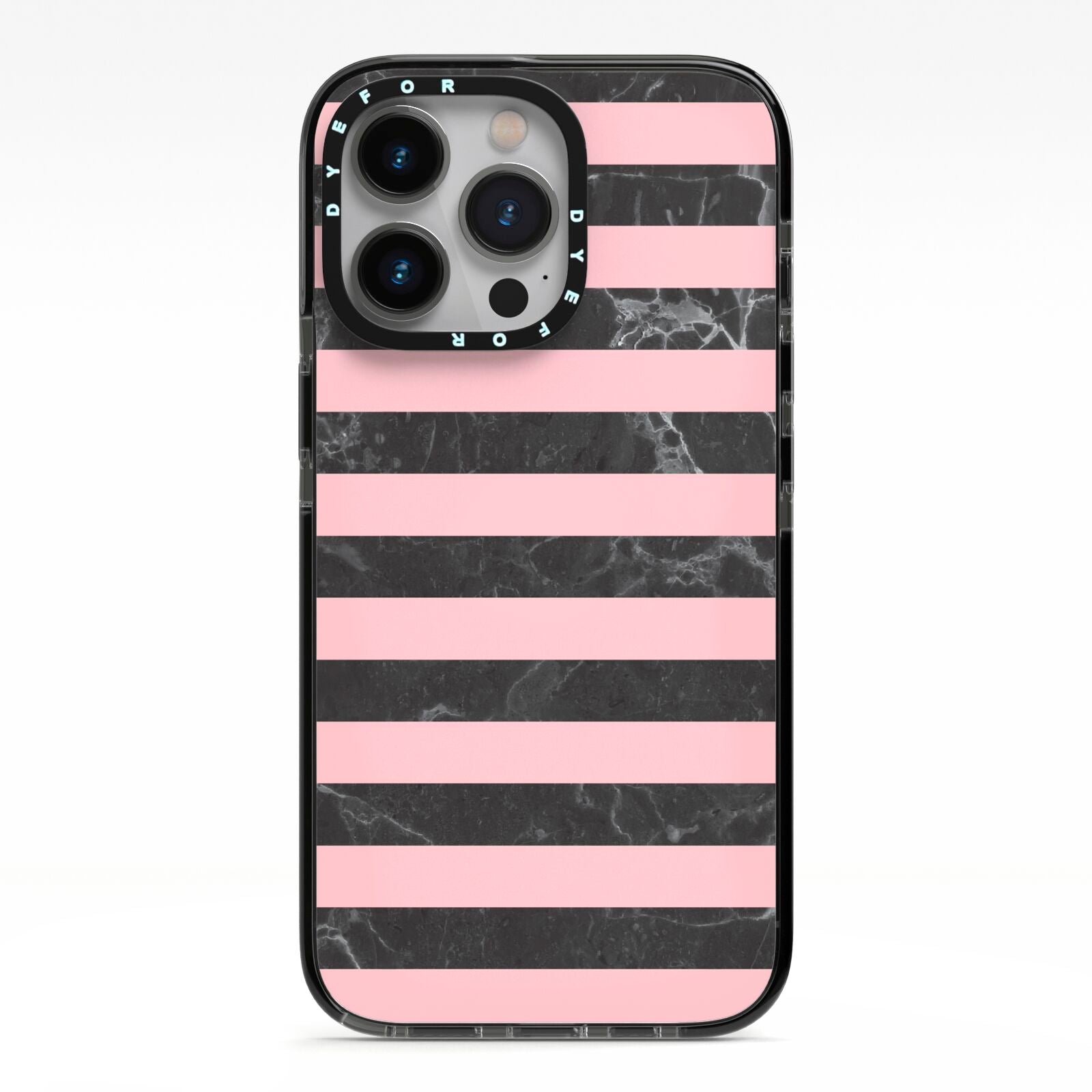 Marble Black Pink Striped iPhone 13 Pro Black Impact Case on Silver phone