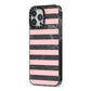 Marble Black Pink Striped iPhone 13 Pro Max Black Impact Case Side Angle on Silver phone