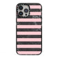 Marble Black Pink Striped iPhone 13 Pro Max Black Impact Case on Silver phone