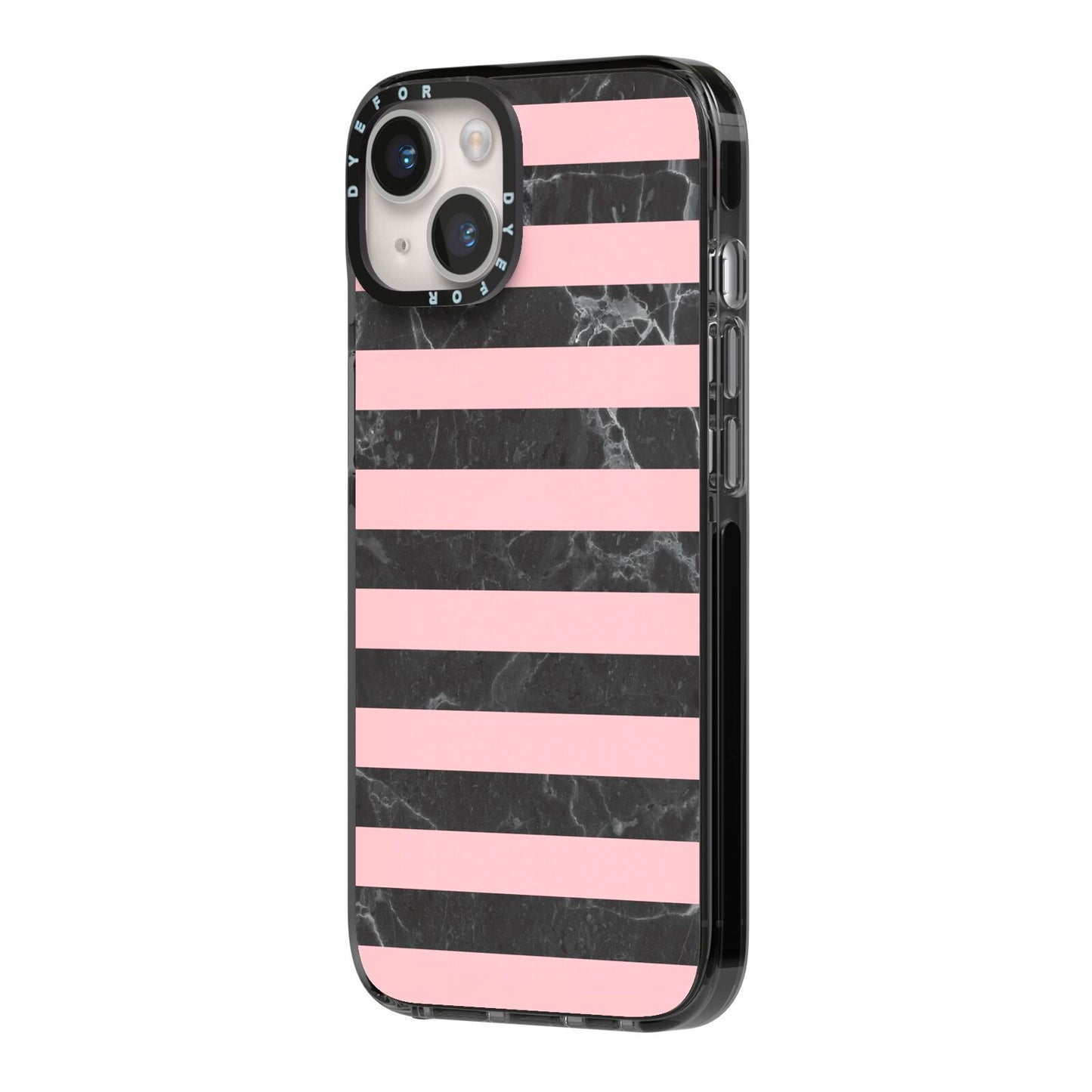 Marble Black Pink Striped iPhone 14 Black Impact Case Side Angle on Silver phone