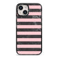 Marble Black Pink Striped iPhone 14 Black Impact Case on Silver phone