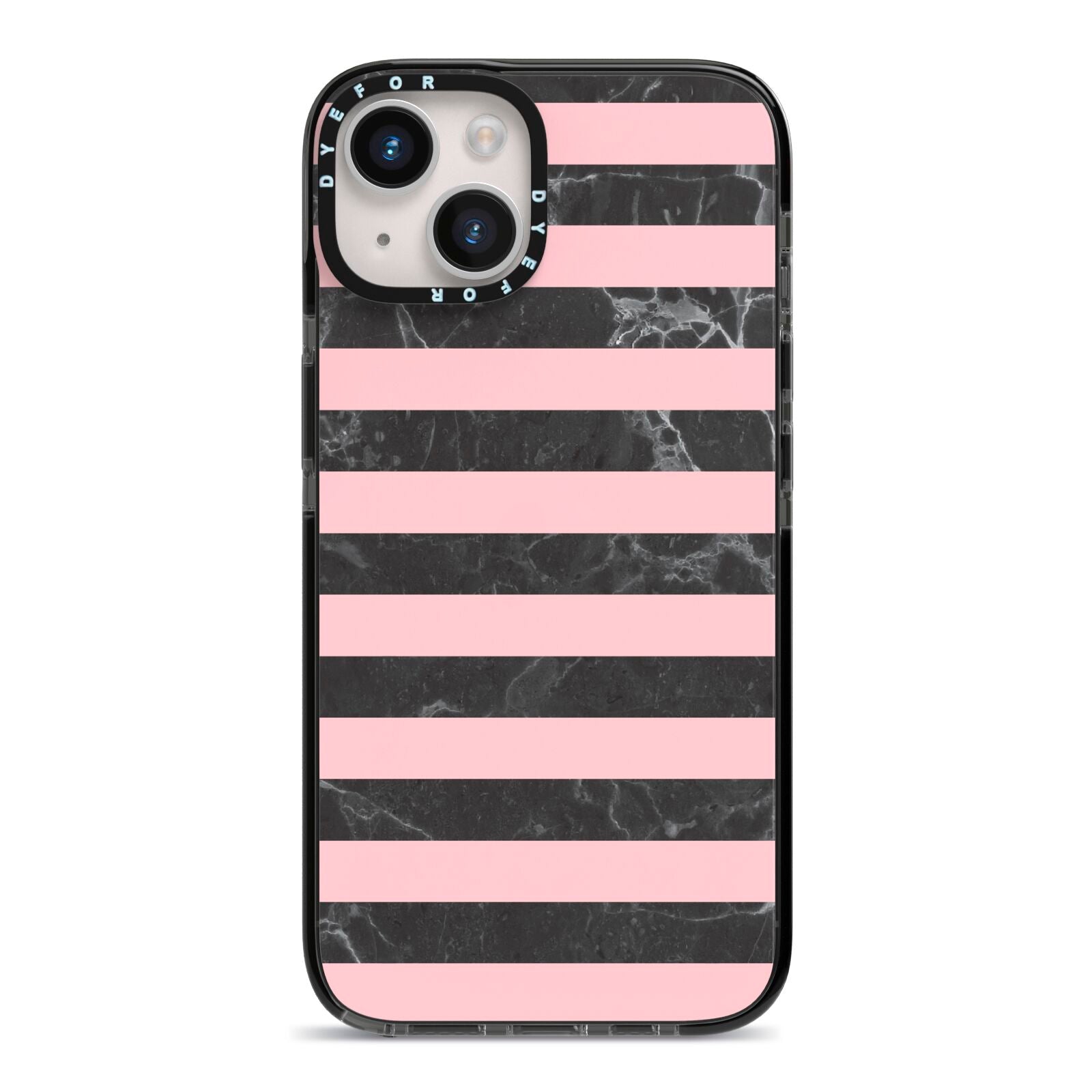 Marble Black Pink Striped iPhone 14 Black Impact Case on Silver phone