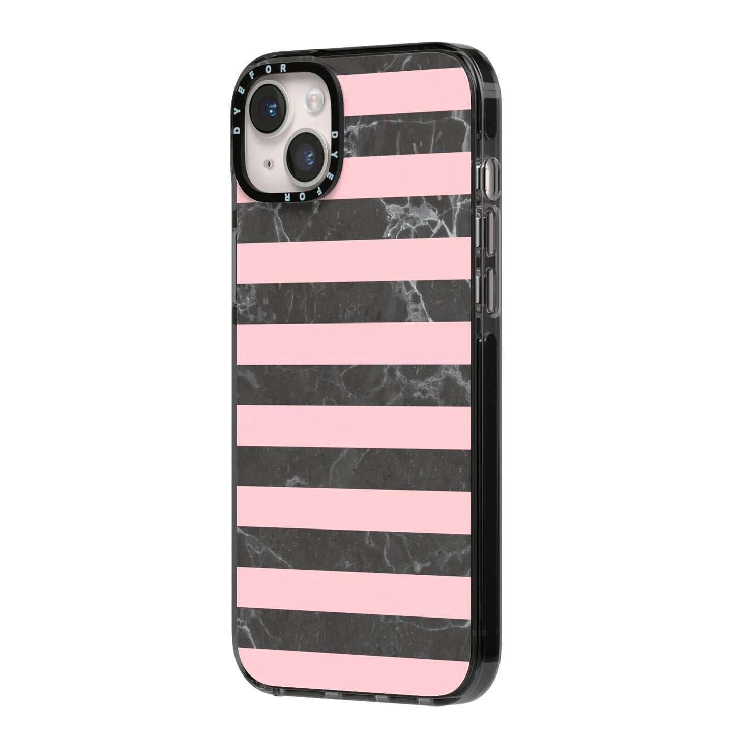 Marble Black Pink Striped iPhone 14 Plus Black Impact Case Side Angle on Silver phone