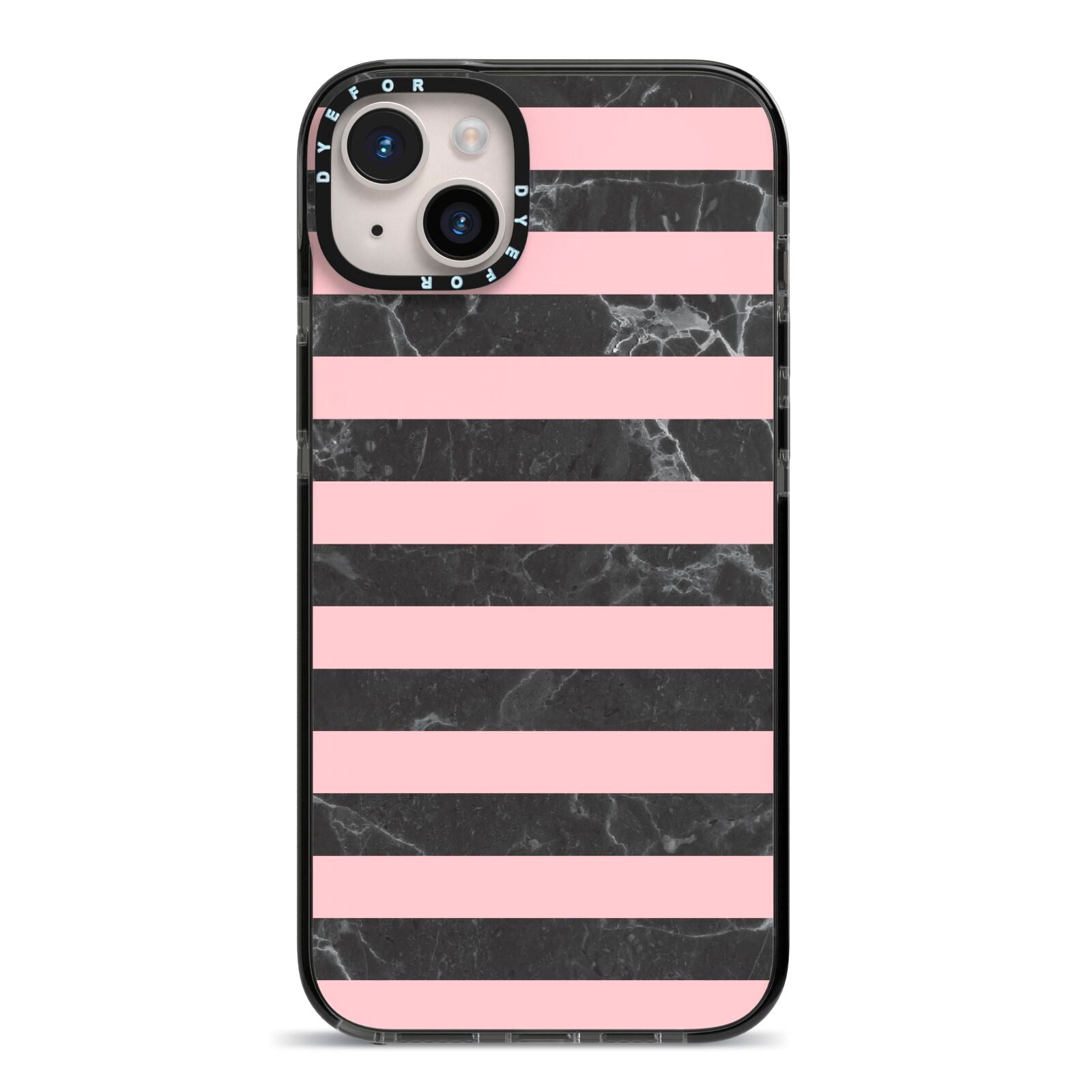 Marble Black Pink Striped iPhone 14 Plus Black Impact Case on Silver phone