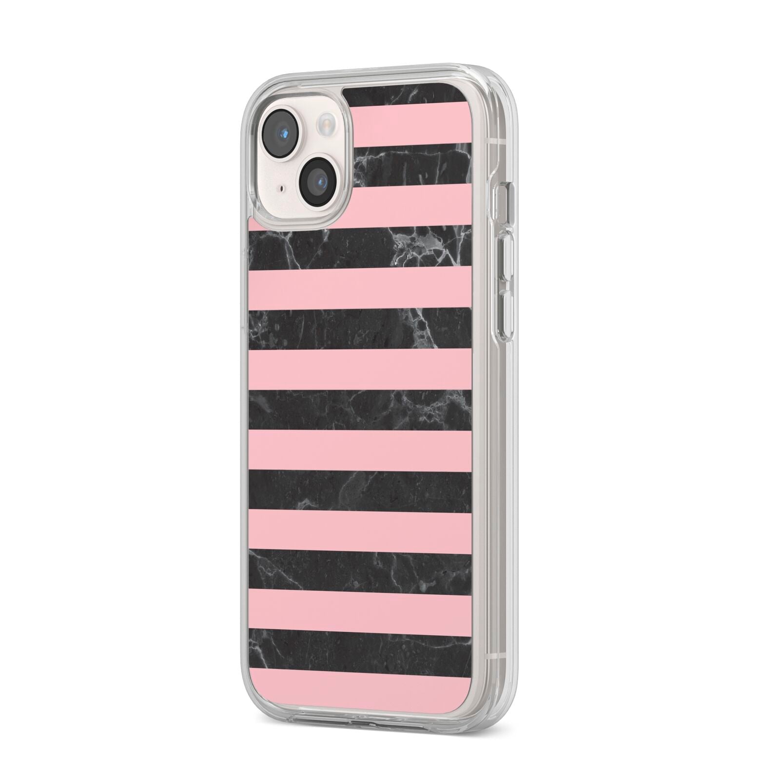 Marble Black Pink Striped iPhone 14 Plus Clear Tough Case Starlight Angled Image