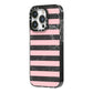 Marble Black Pink Striped iPhone 14 Pro Black Impact Case Side Angle on Silver phone