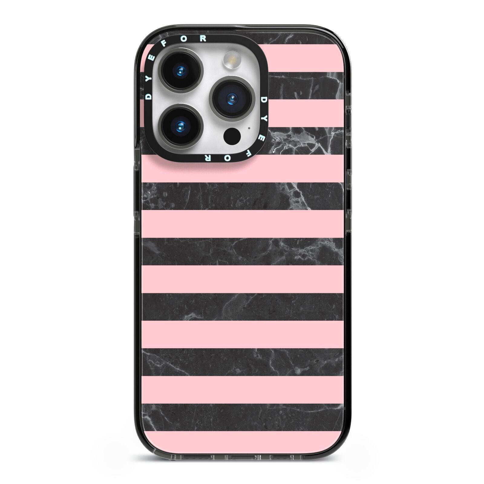 Marble Black Pink Striped iPhone 14 Pro Black Impact Case on Silver phone