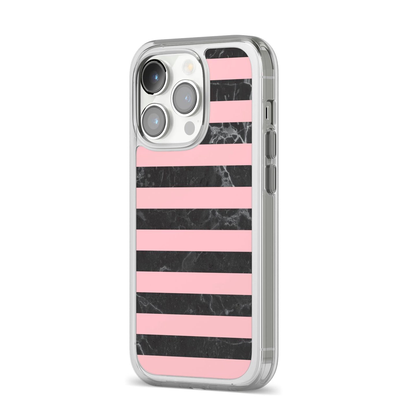Marble Black Pink Striped iPhone 14 Pro Clear Tough Case Silver Angled Image