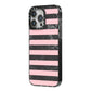 Marble Black Pink Striped iPhone 14 Pro Max Black Impact Case Side Angle on Silver phone