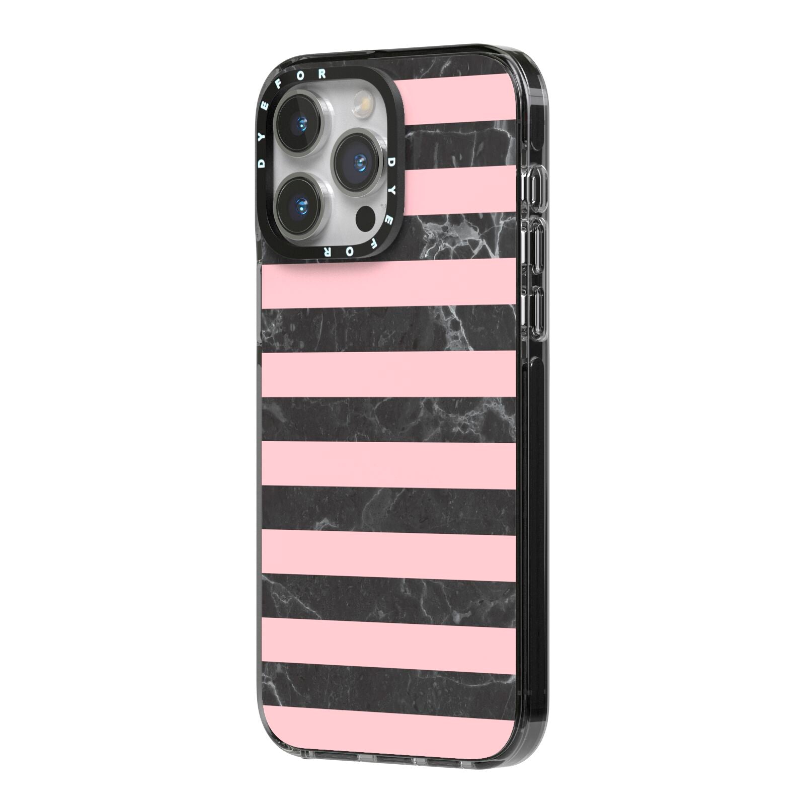 Marble Black Pink Striped iPhone 14 Pro Max Black Impact Case Side Angle on Silver phone