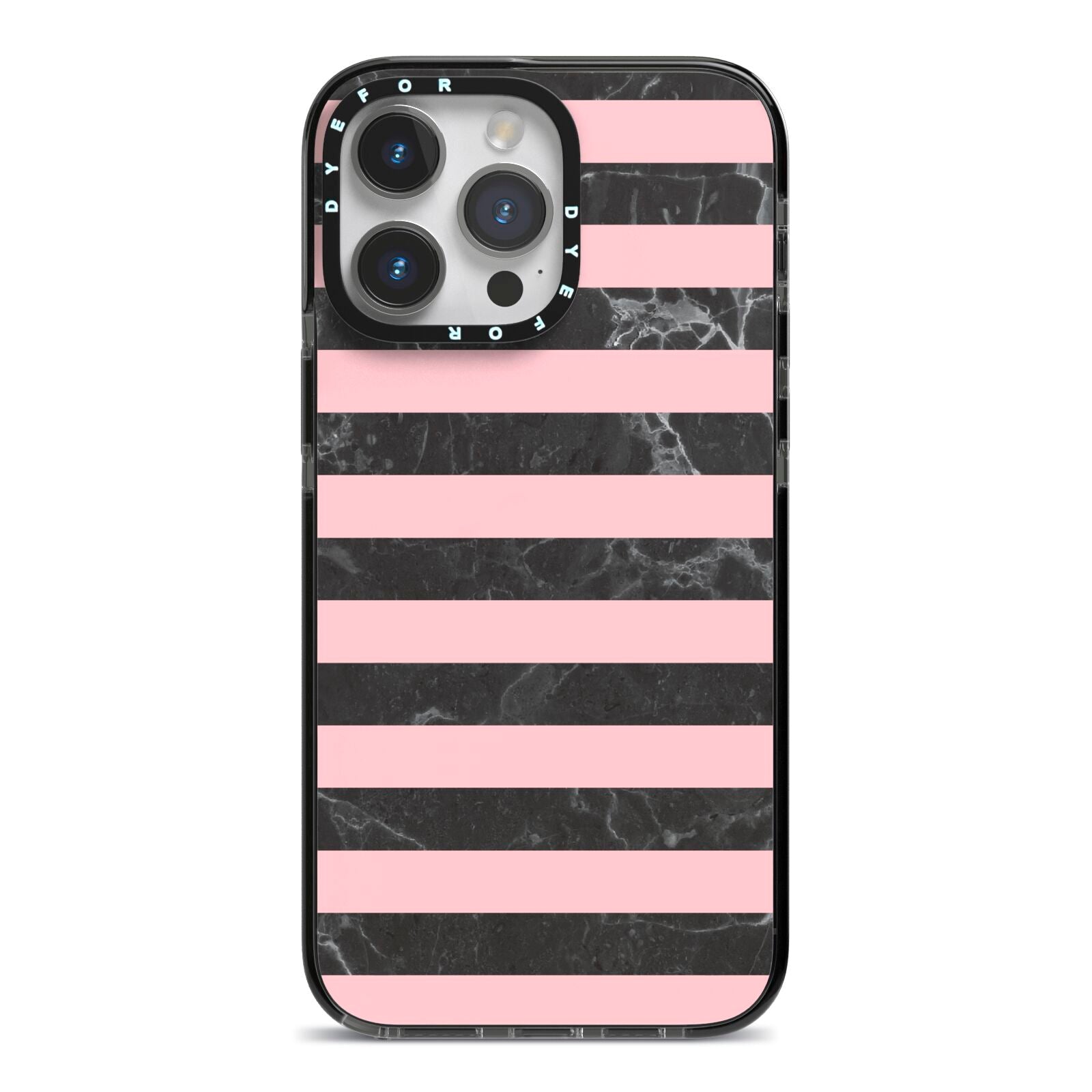 Marble Black Pink Striped iPhone 14 Pro Max Black Impact Case on Silver phone