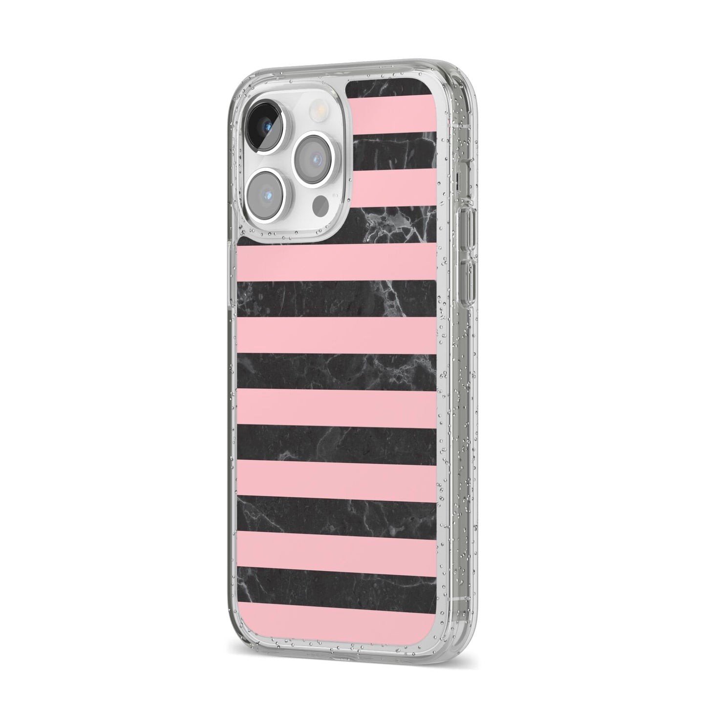 Marble Black Pink Striped iPhone 14 Pro Max Glitter Tough Case Silver Angled Image