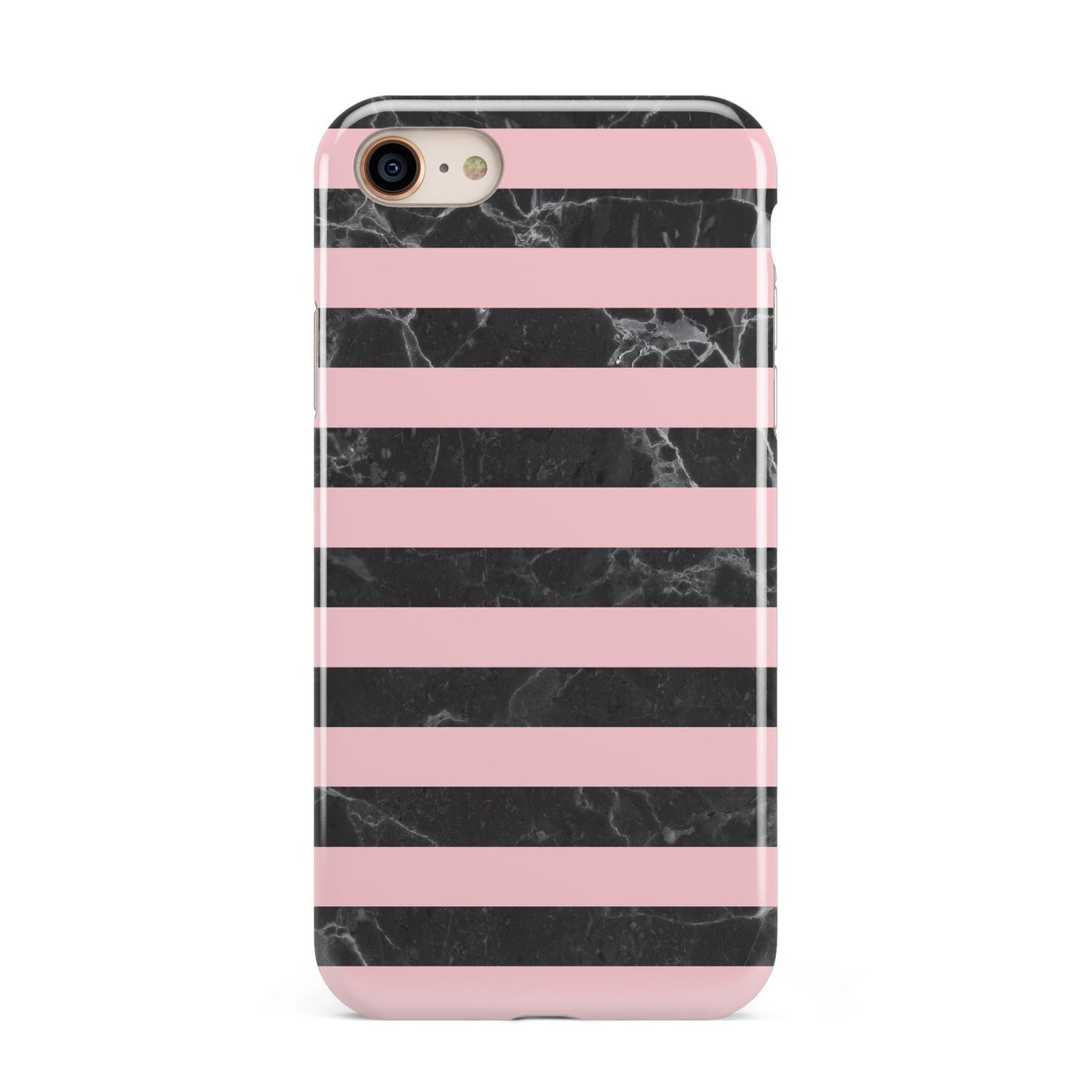 Marble Black Pink Striped iPhone 8 3D Tough Case on Gold Phone