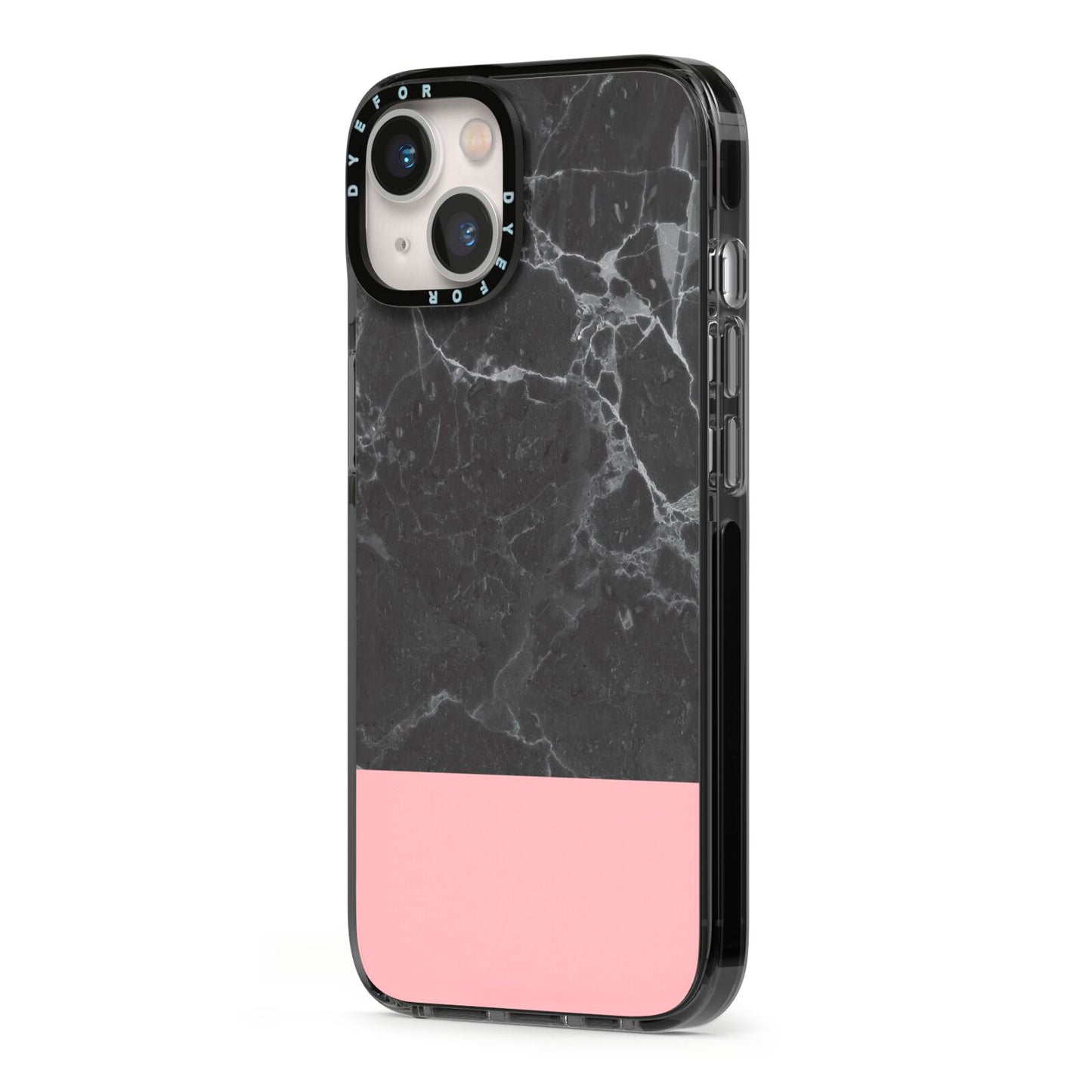 Marble Black Pink iPhone 13 Black Impact Case Side Angle on Silver phone