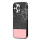 Marble Black Pink iPhone 13 Pro Black Impact Case Side Angle on Silver phone