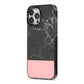 Marble Black Pink iPhone 13 Pro Max Black Impact Case Side Angle on Silver phone
