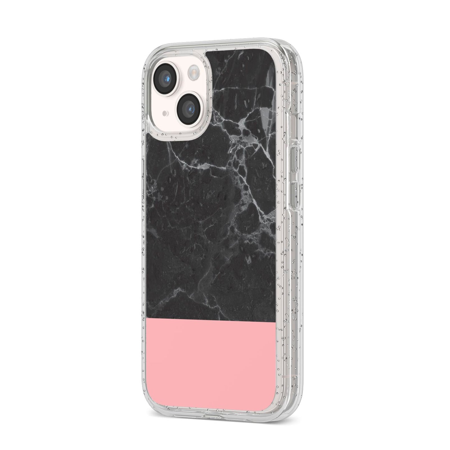 Marble Black Pink iPhone 14 Glitter Tough Case Starlight Angled Image