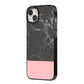 Marble Black Pink iPhone 14 Plus Black Impact Case Side Angle on Silver phone
