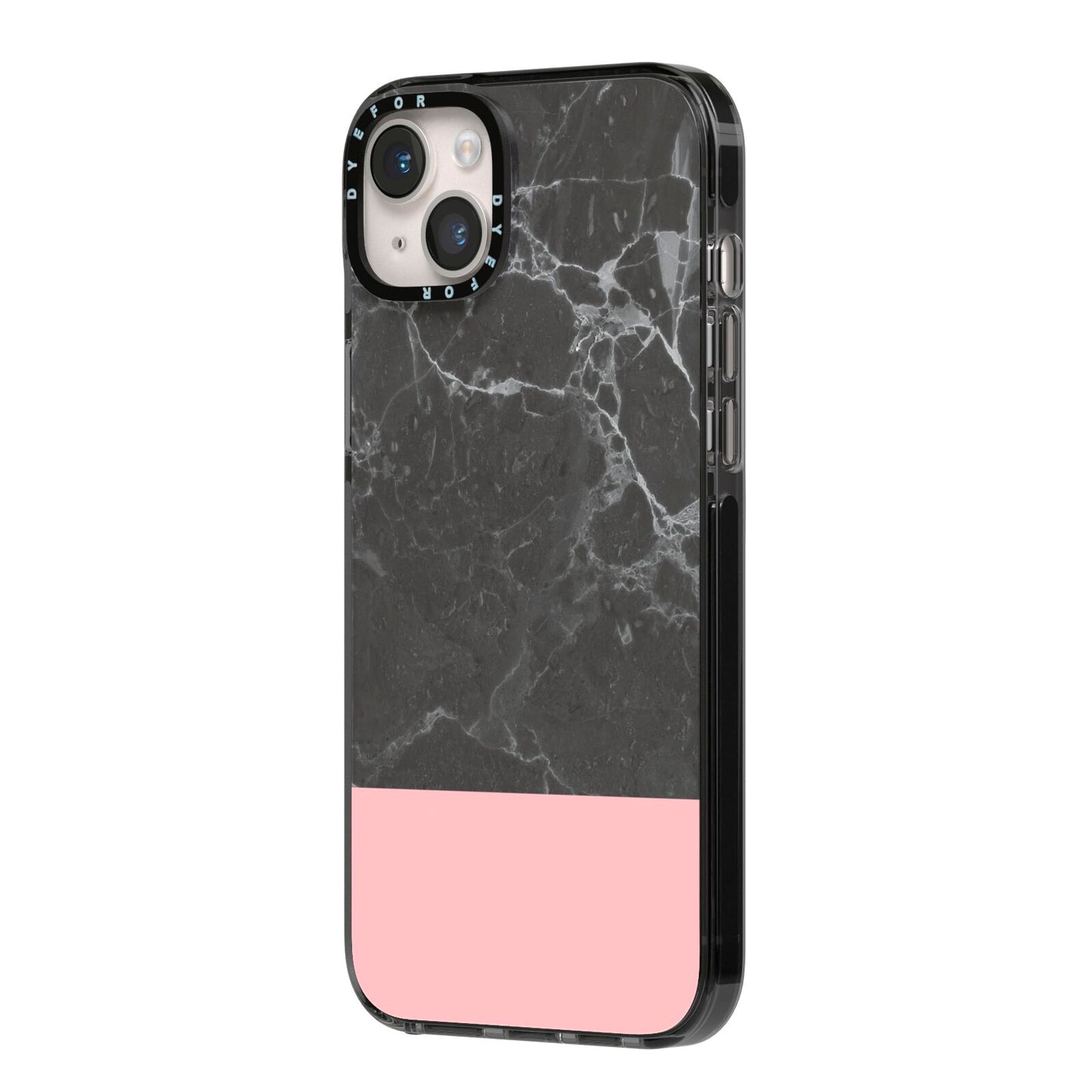 Marble Black Pink iPhone 14 Plus Black Impact Case Side Angle on Silver phone