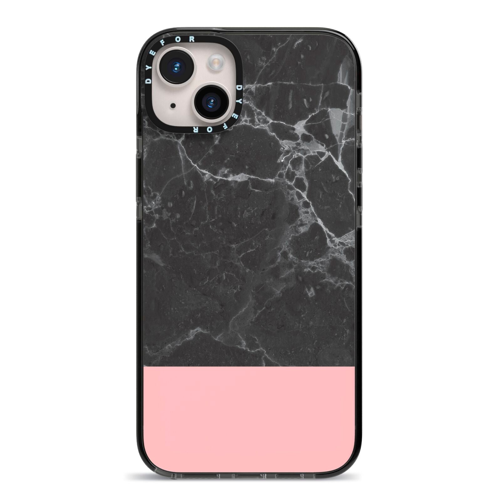 Marble Black Pink iPhone 14 Plus Black Impact Case on Silver phone