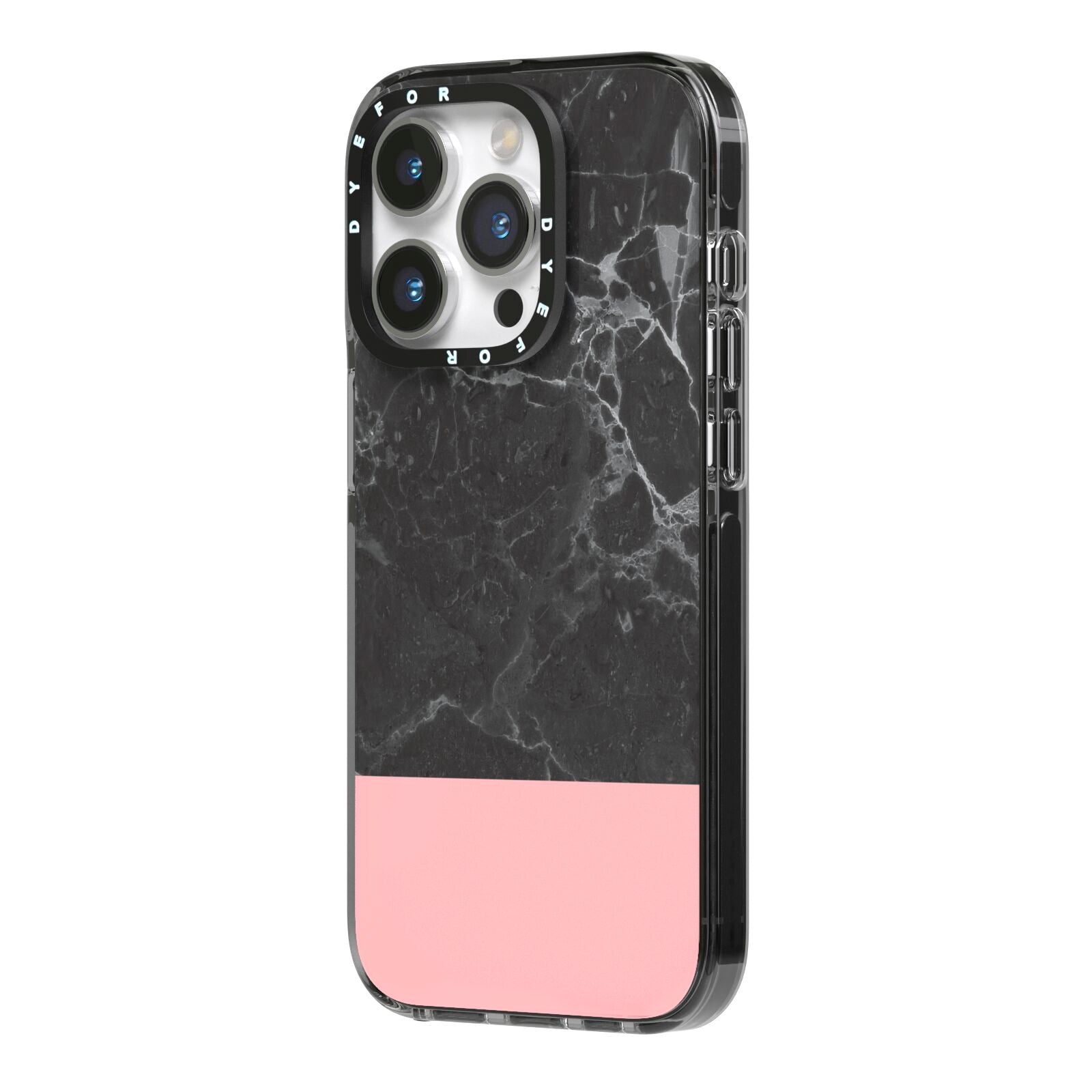 Marble Black Pink iPhone 14 Pro Black Impact Case Side Angle on Silver phone